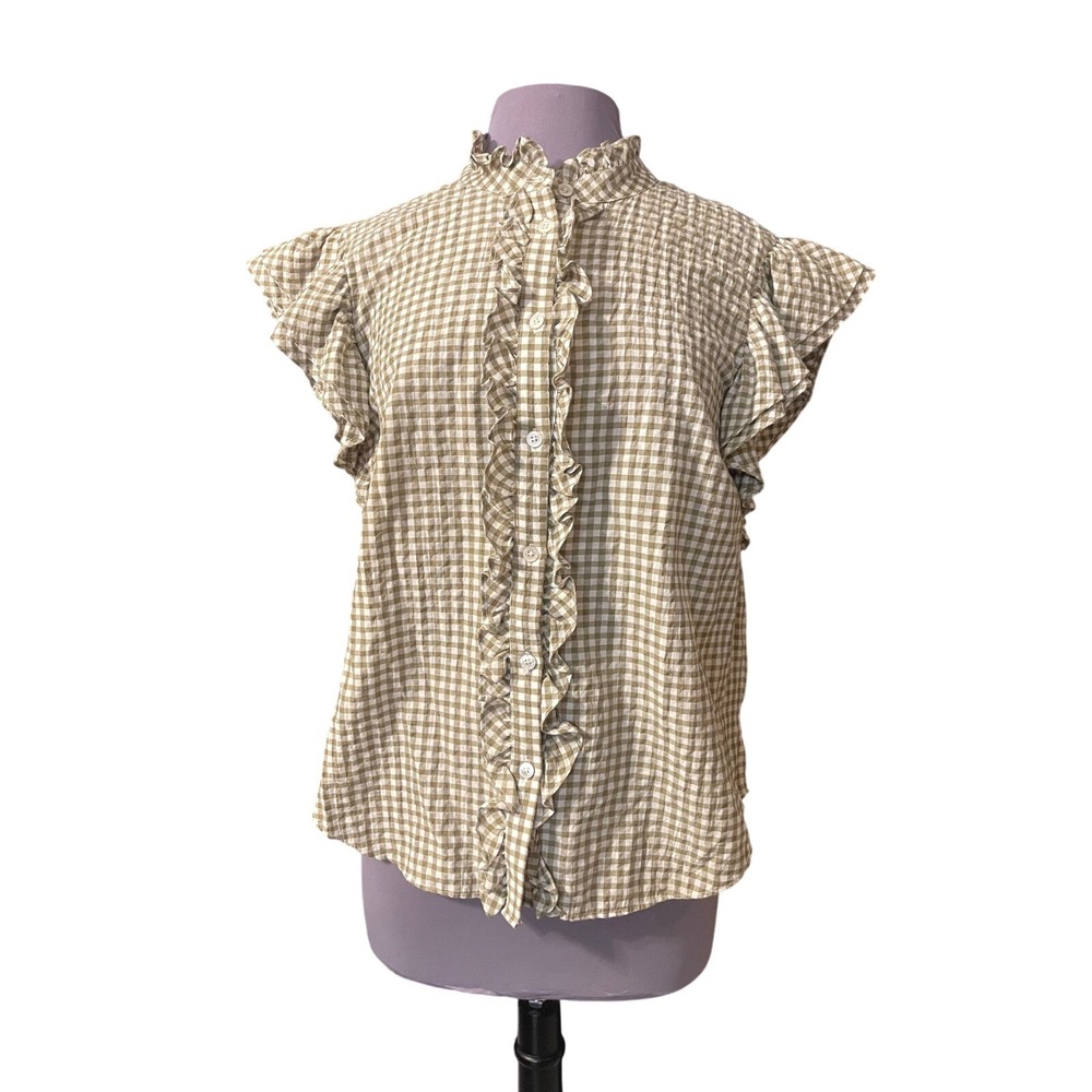 Veronica Beard Jeans Gingham Ruffle Mock Neck Flutter Sleeve Button Up Shirt L